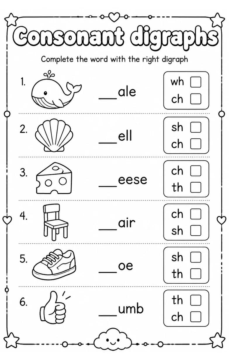 Complete the word with the right digraph — free printable Reading foundations English worksheet