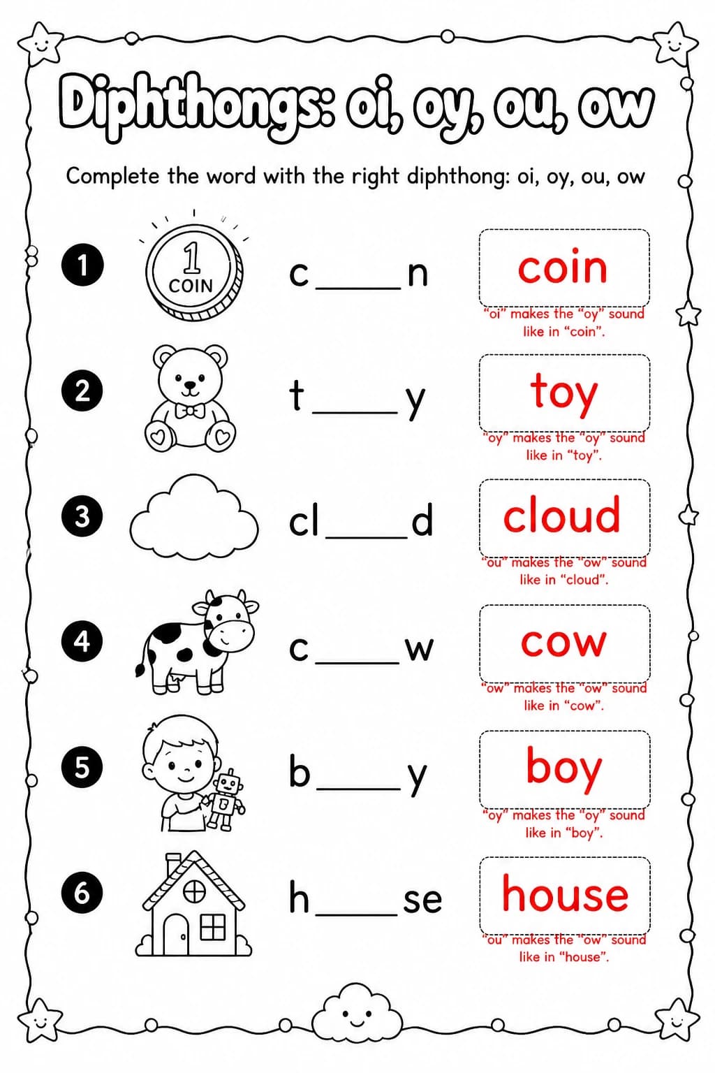 Answer key for Complete the word with the right diphthong: oi, oy, ou, ow — free printable English & Reading worksheet