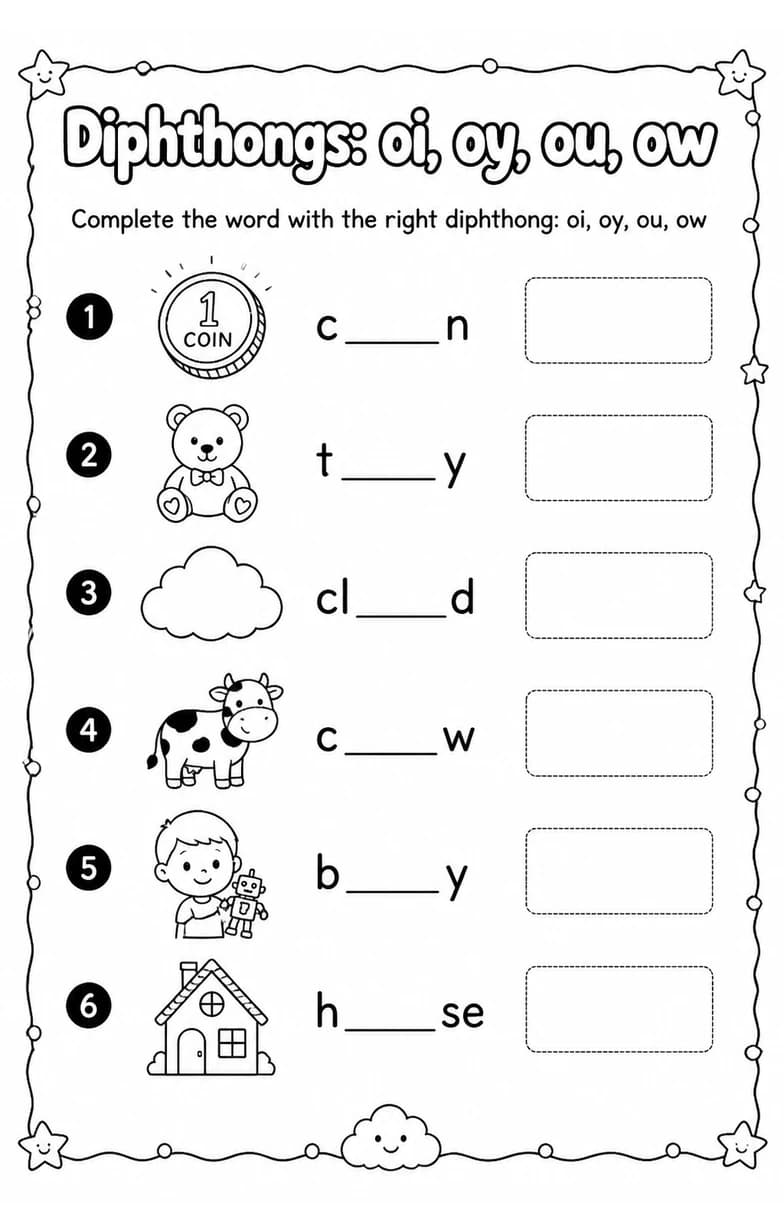 Complete the word with the right diphthong: oi, oy, ou, ow — free printable Reading foundations English worksheet