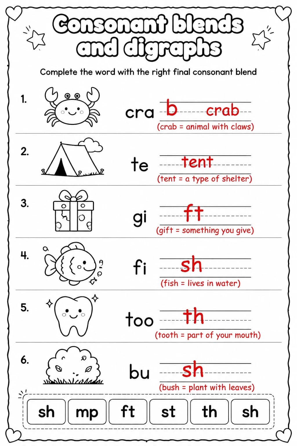Answer key for Complete the word with the right final consonant blend — free printable English & Reading worksheet