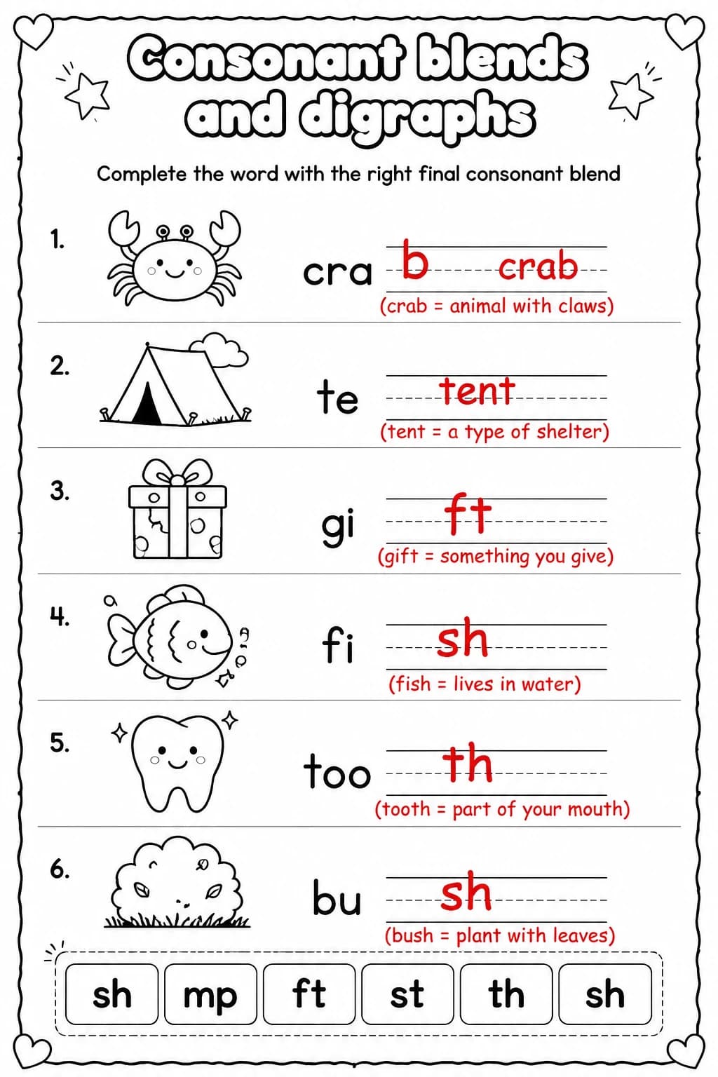 Answer key for Complete the word with the right final consonant blend — free printable English & Reading worksheet