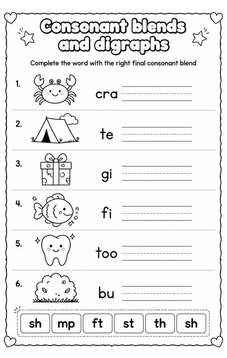 Complete the word with the right final consonant blend — free printable Reading foundations English worksheet