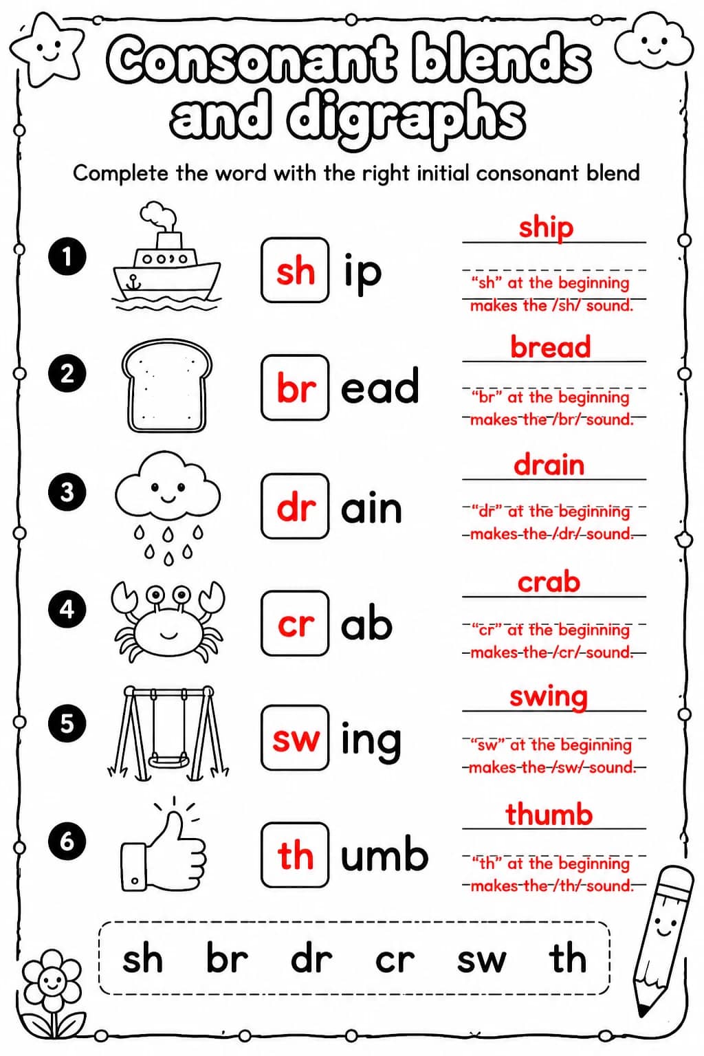 Answer key for Complete the word with the right initial consonant blend — free printable English & Reading worksheet