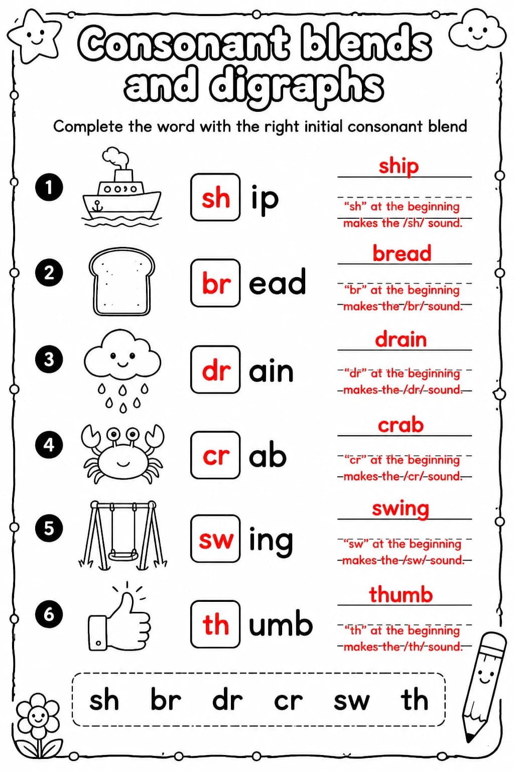 Answer key for Complete the word with the right initial consonant blend — free printable English & Reading worksheet