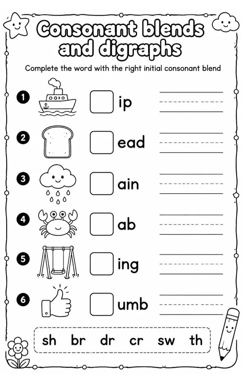 Complete the word with the right initial consonant blend — free printable Reading foundations English worksheet