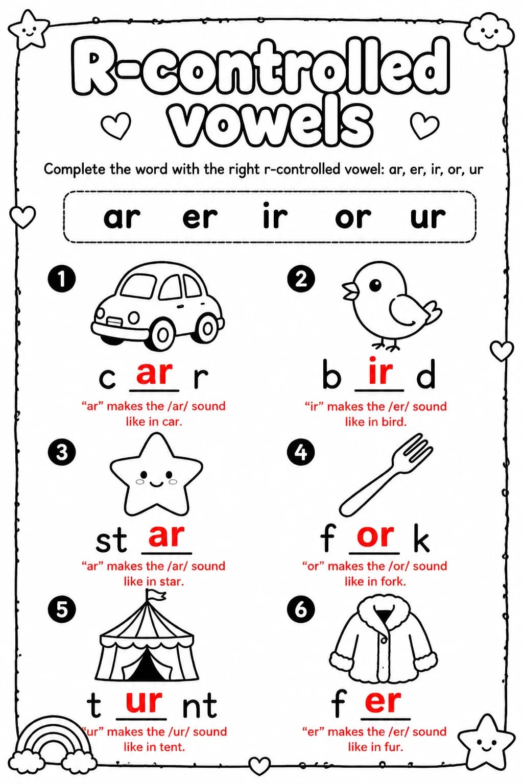 Answer key for Complete the word with the right r-controlled vowel: ar, er, ir, or, ur — free printable English & Reading worksheet