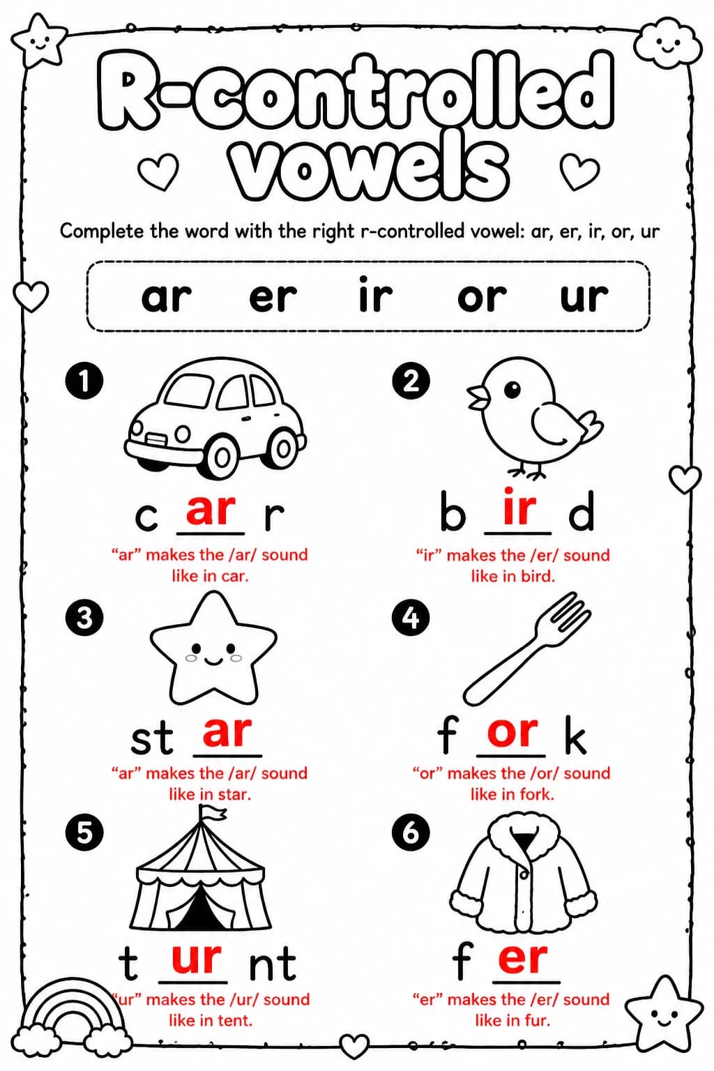 Answer key for Complete the word with the right r-controlled vowel: ar, er, ir, or, ur — free printable English & Reading worksheet
