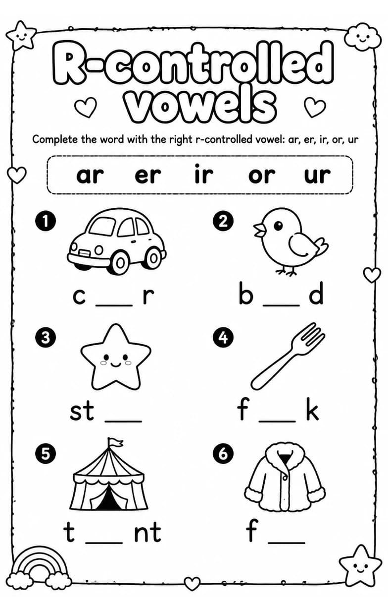 Complete the word with the right r-controlled vowel: ar, er, ir, or, ur — free printable Reading foundations English worksheet