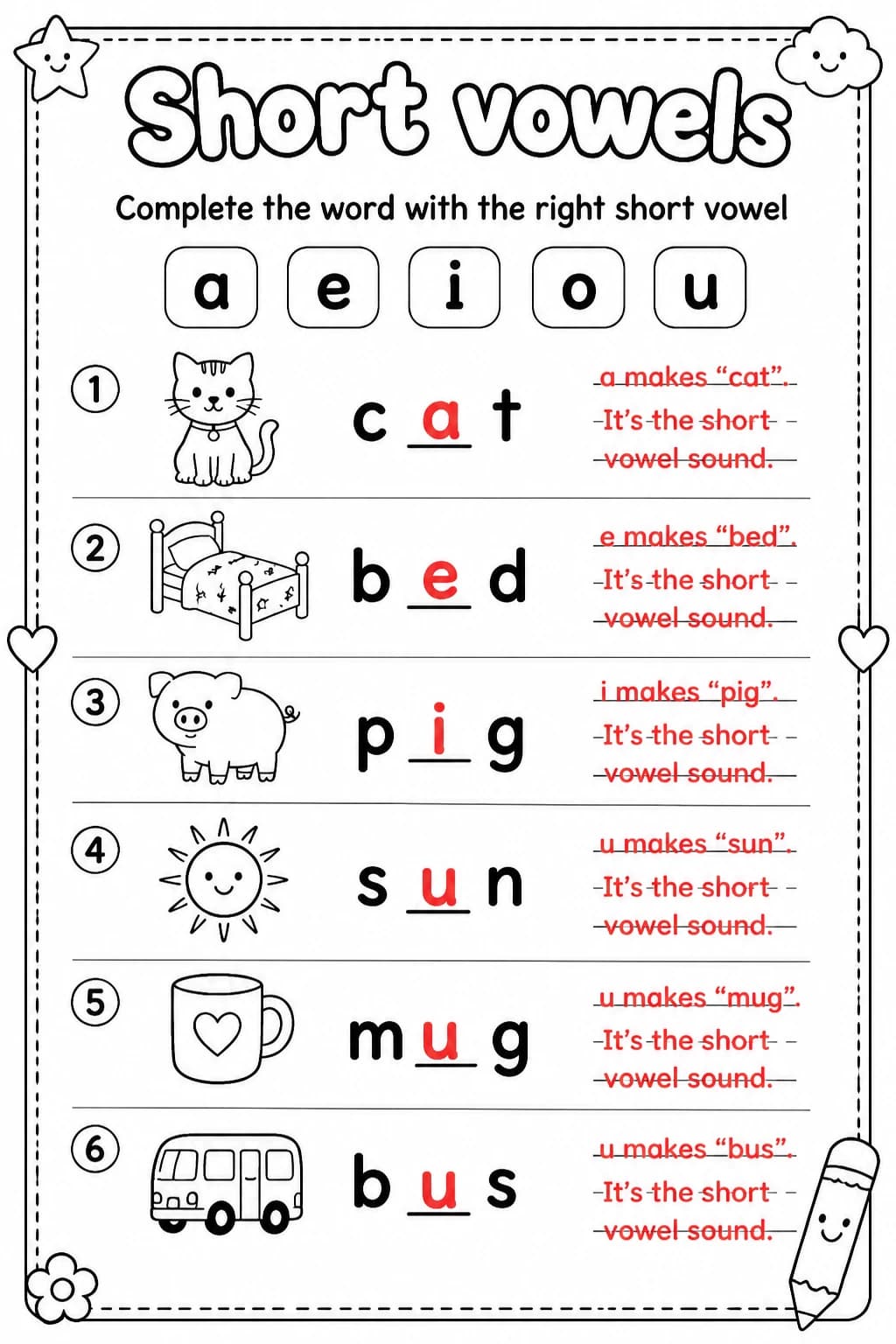 Answer key for Complete the word with the right short vowel — free printable English & Reading worksheet