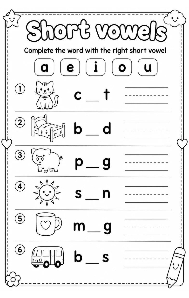 Complete the word with the right short vowel — free printable Grade 1 English & Reading worksheet