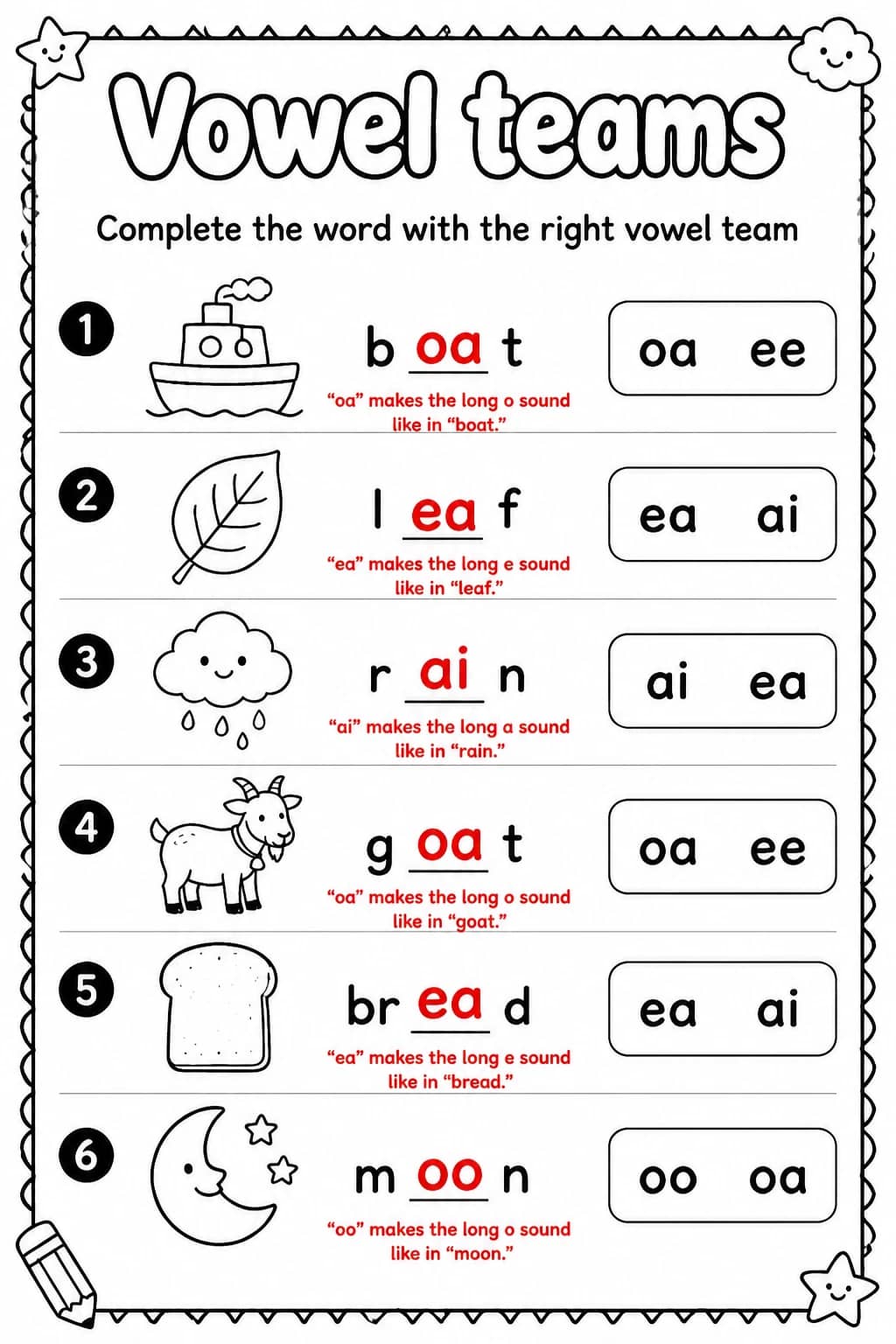 Answer key for Complete the word with the right vowel team — free printable English & Reading worksheet