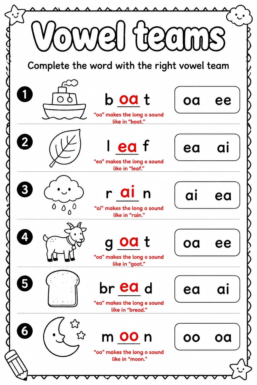 Answer key for Complete the word with the right vowel team — free printable English & Reading worksheet