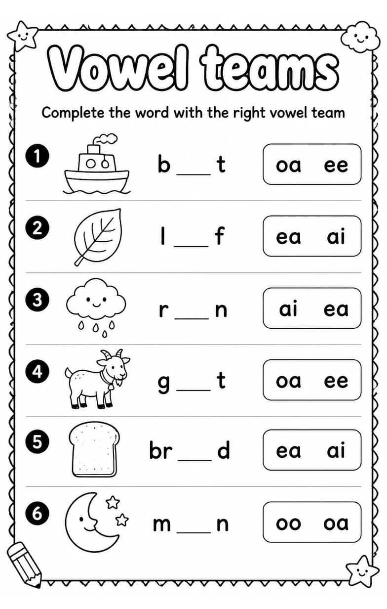Complete the word with the right vowel team — free printable Grade 1 English & Reading worksheet