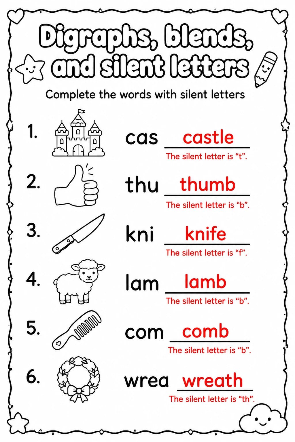 Answer key for Complete the words with silent letters — free printable English & Reading worksheet