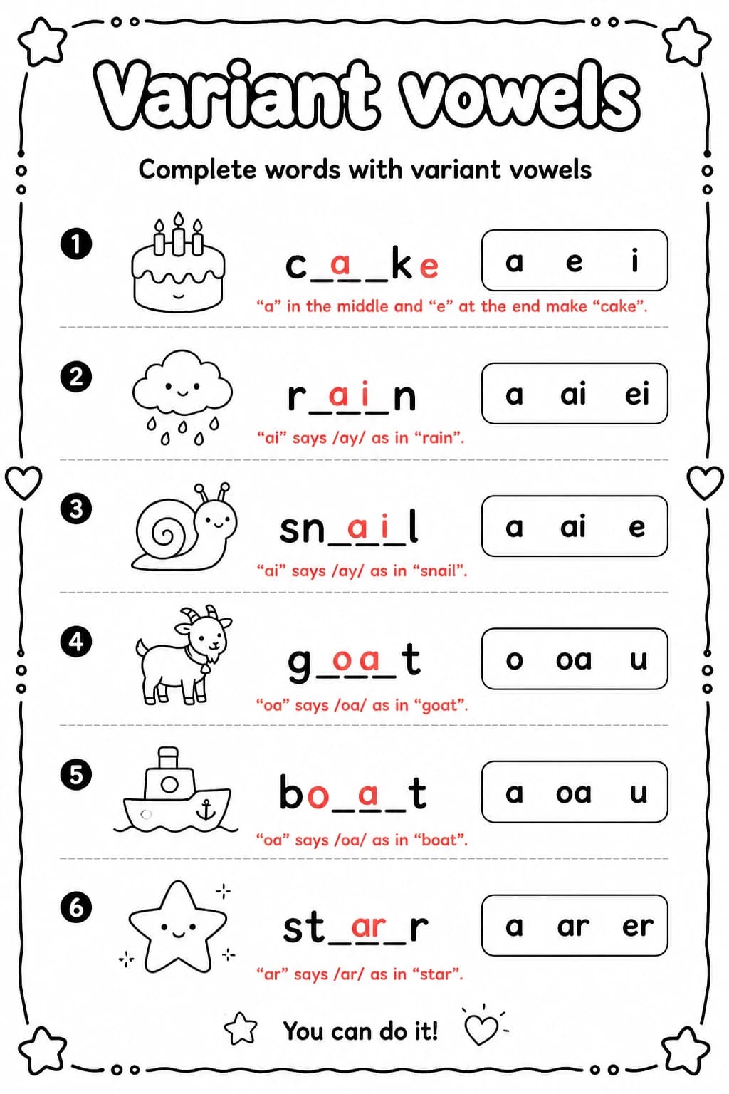 Answer key for Complete words with variant vowels — free printable English & Reading worksheet