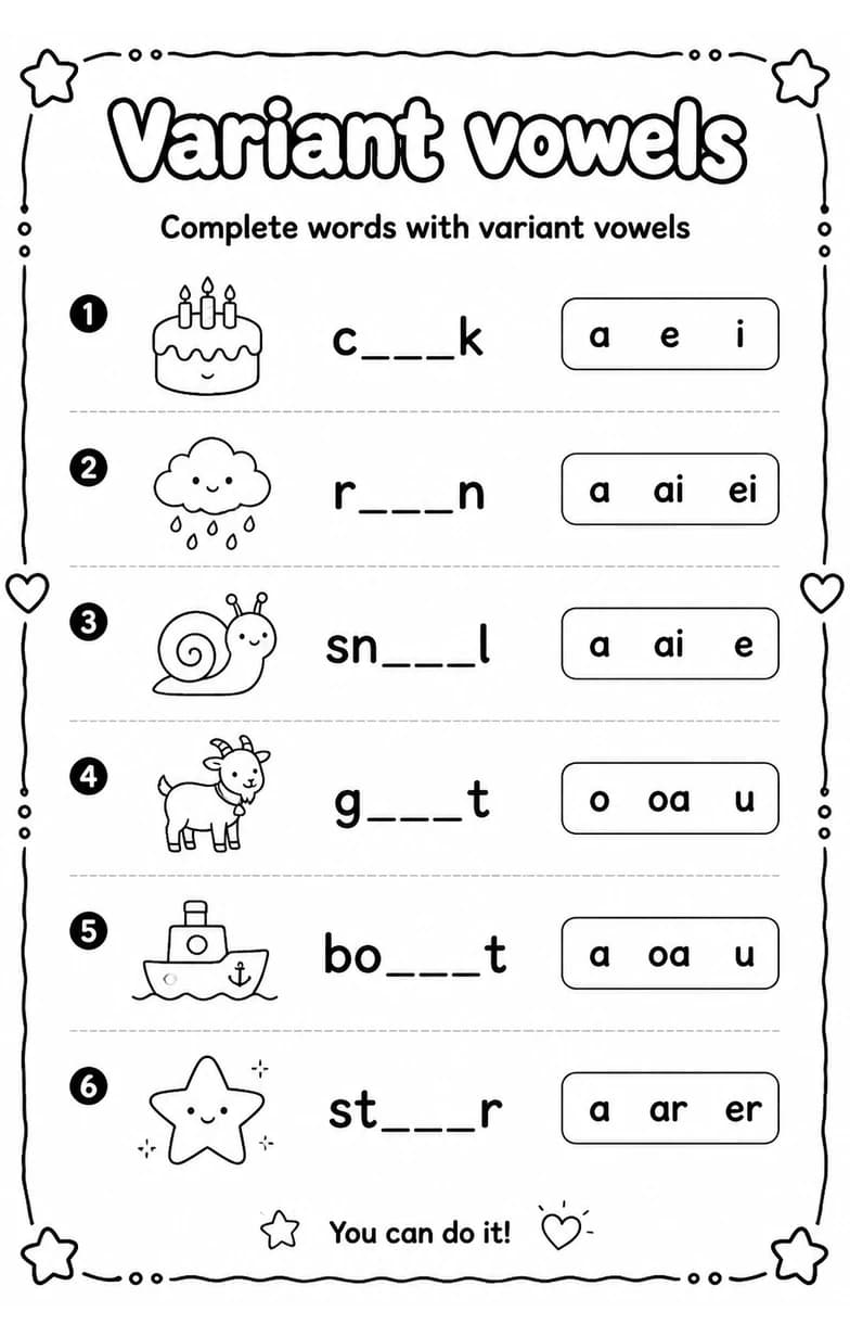 Complete words with variant vowels — free printable Reading foundations English worksheet