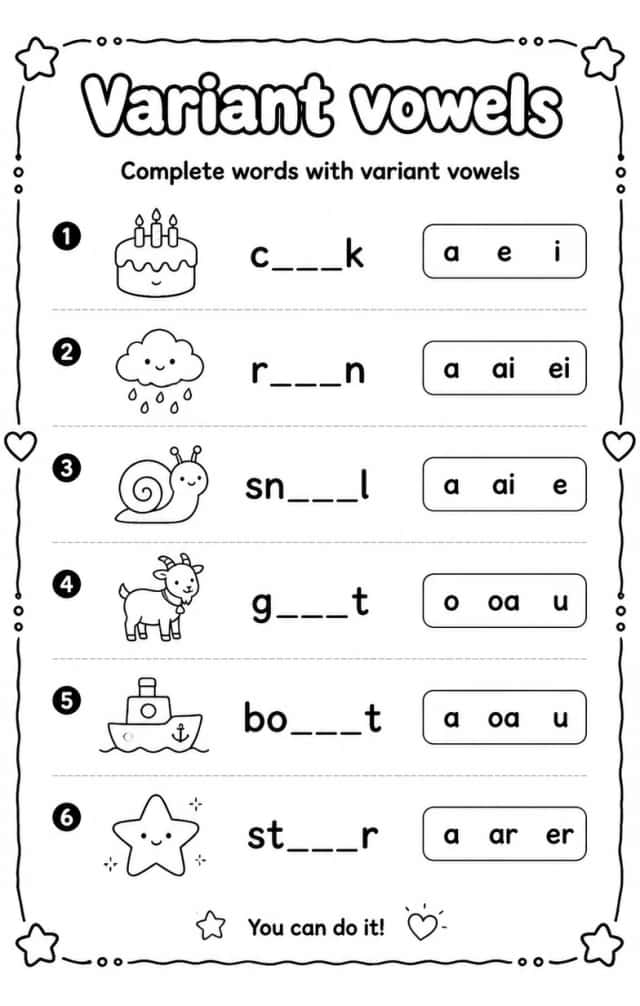 Complete words with variant vowels