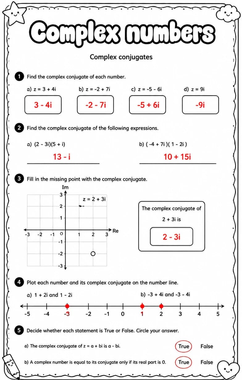 Answer key for Complex conjugates — free printable Math worksheet