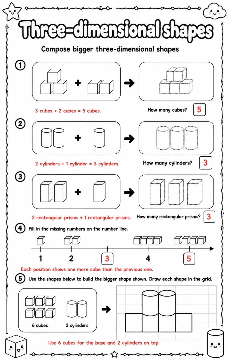 Answer key for Compose bigger three-dimensional shapes — free printable Math worksheet