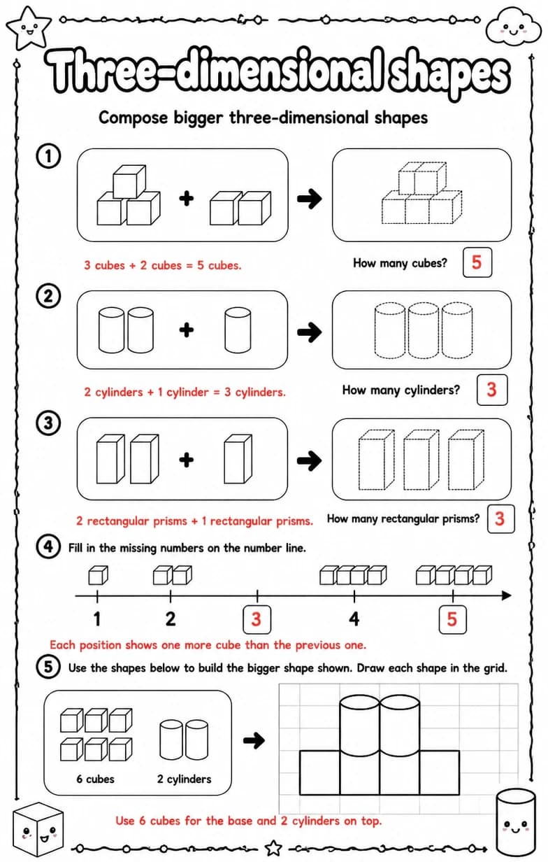 Answer key for Compose bigger three-dimensional shapes — free printable Math worksheet