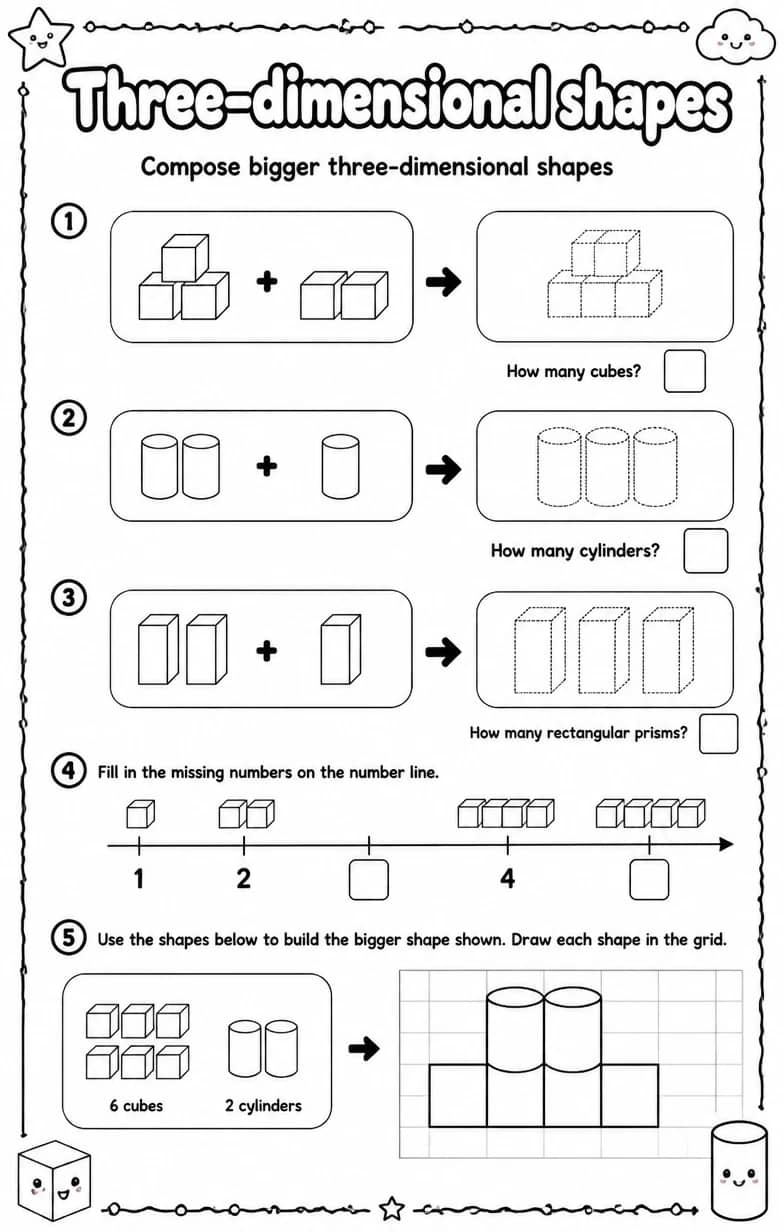 Compose bigger three-dimensional shapes — free printable Grade 1 math worksheet