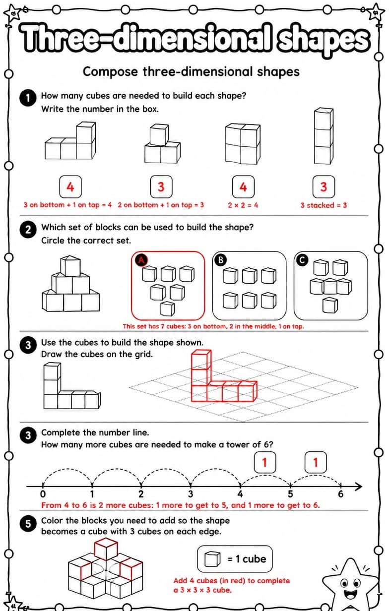 Answer key for Compose three-dimensional shapes — free printable Math worksheet