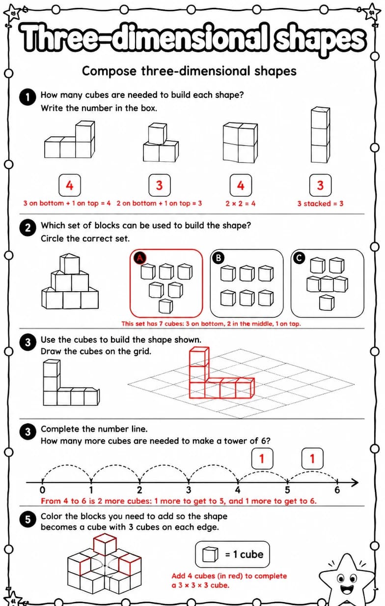 Answer key for Compose three-dimensional shapes — free printable Math worksheet
