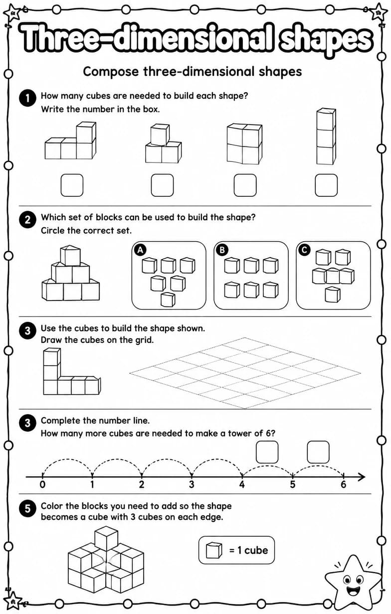 Compose three-dimensional shapes — free printable Grade 1 Math worksheet