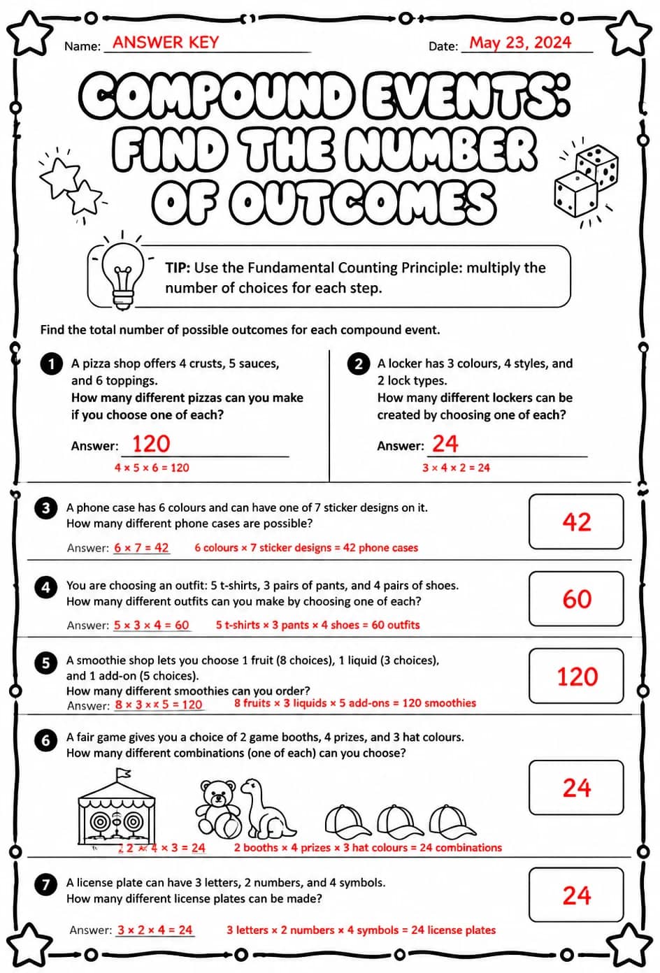 Answer key for Compound events: find the number of outcomes — free printable Math worksheet