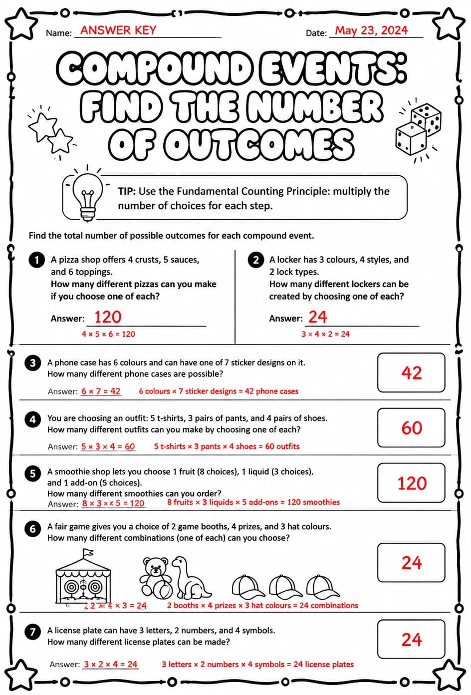 Answer key for Compound events: find the number of outcomes — free printable Math worksheet