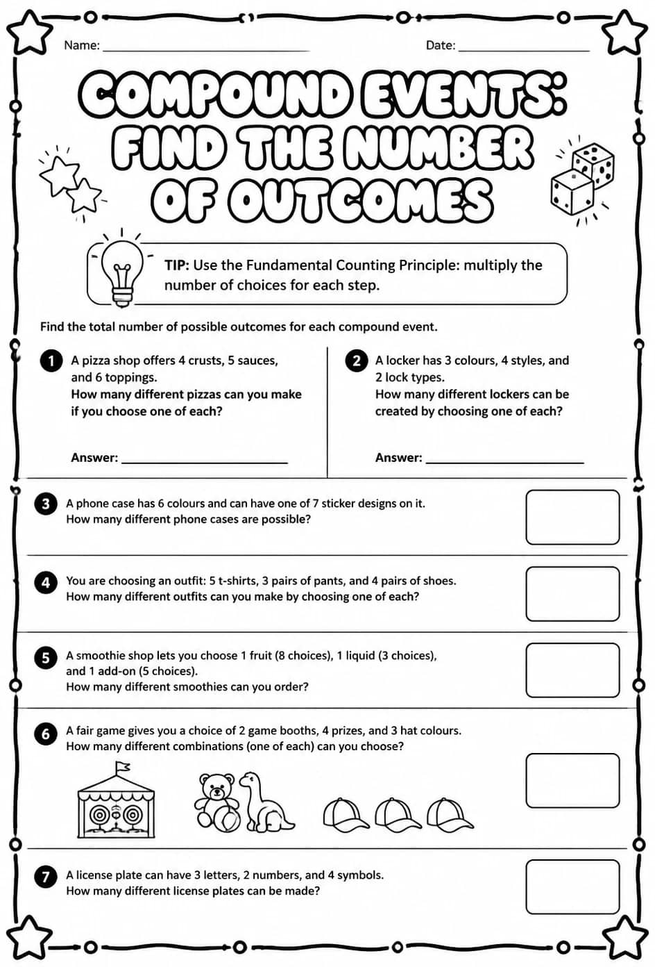 Compound events: find the number of outcomes — free printable Grade 8 math worksheet
