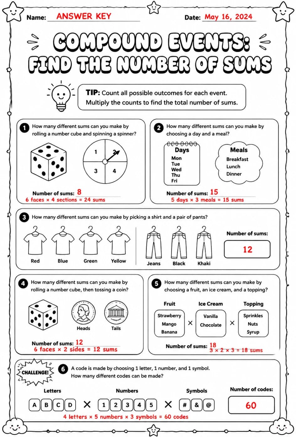 Answer key for Compound events: find the number of sums — free printable Math worksheet