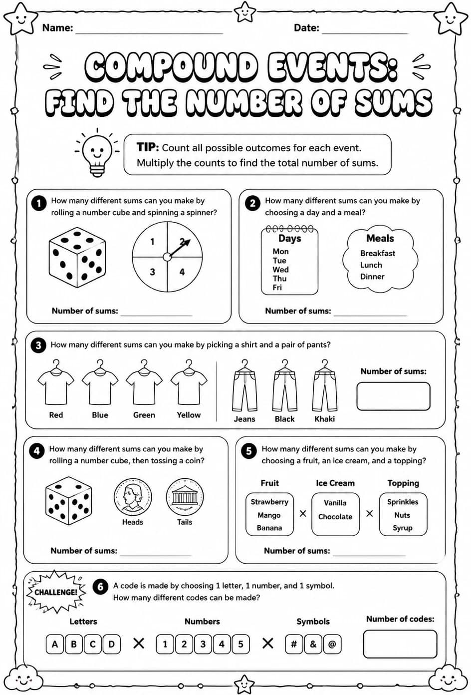 Compound events: find the number of sums — free printable Grade 7 math worksheet