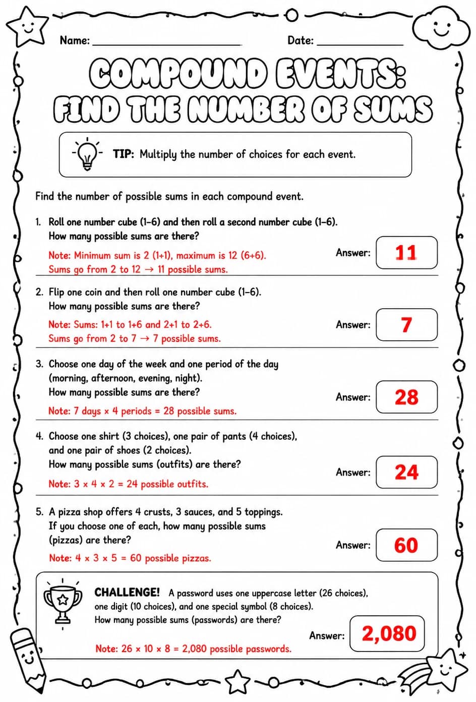 Answer key for Compound events: find the number of sums — free printable Math worksheet