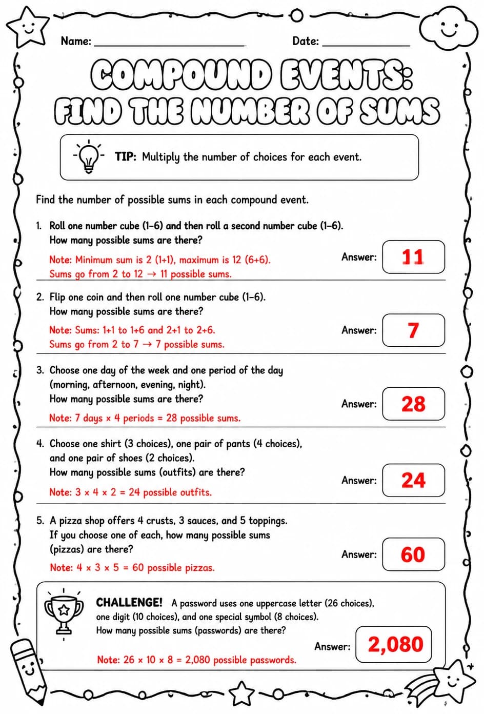 Answer key for Compound events: find the number of sums — free printable Math worksheet