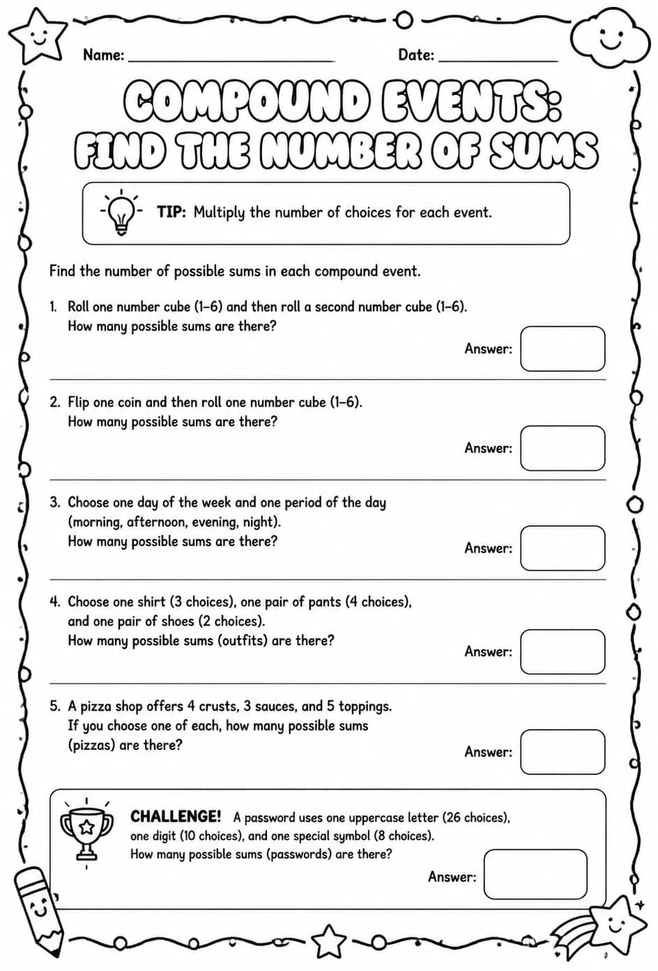 Compound events: find the number of sums — free printable Grade 8 math worksheet