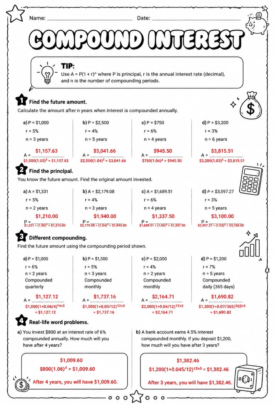 Answer key for Compound interest — free printable Math worksheet