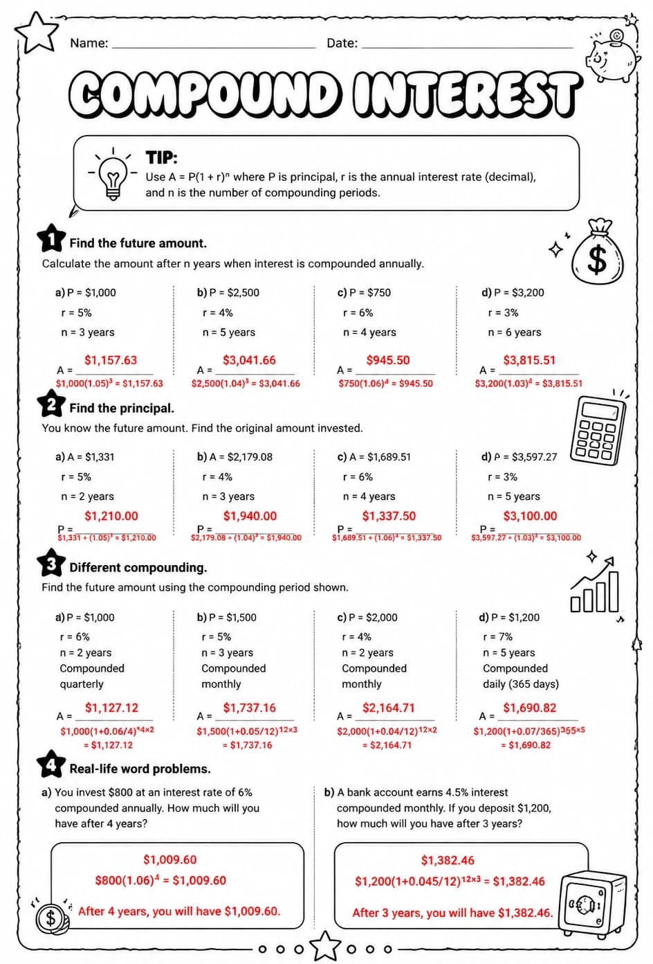 Answer key for Compound interest — free printable Math worksheet