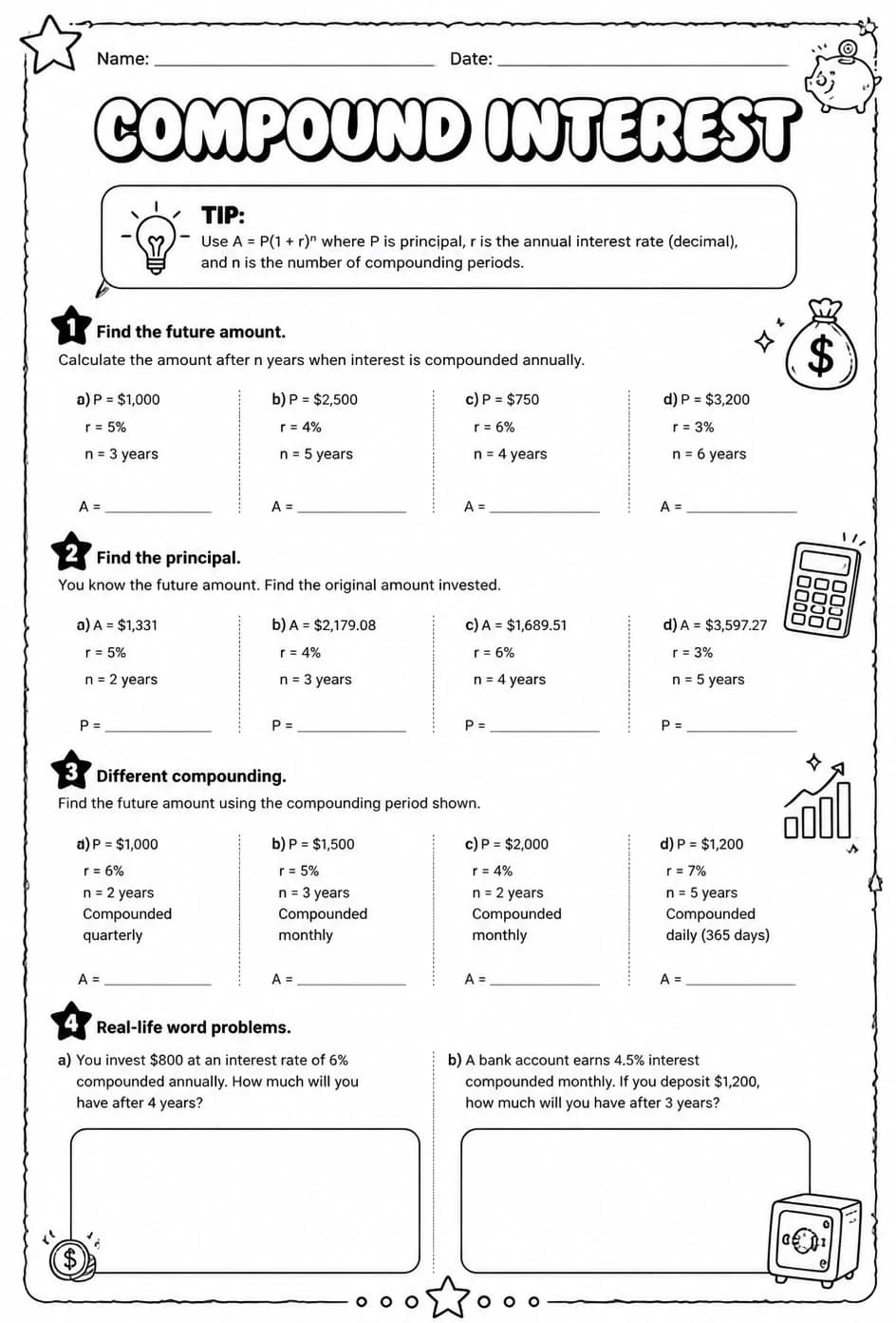 Compound interest — free printable Grade 7 math worksheet