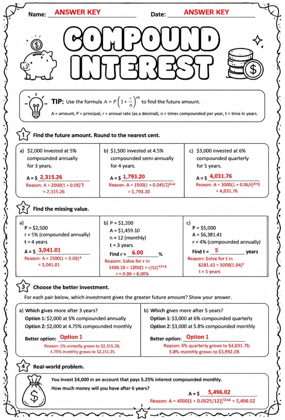 Answer key for Compound interest — free printable Math worksheet