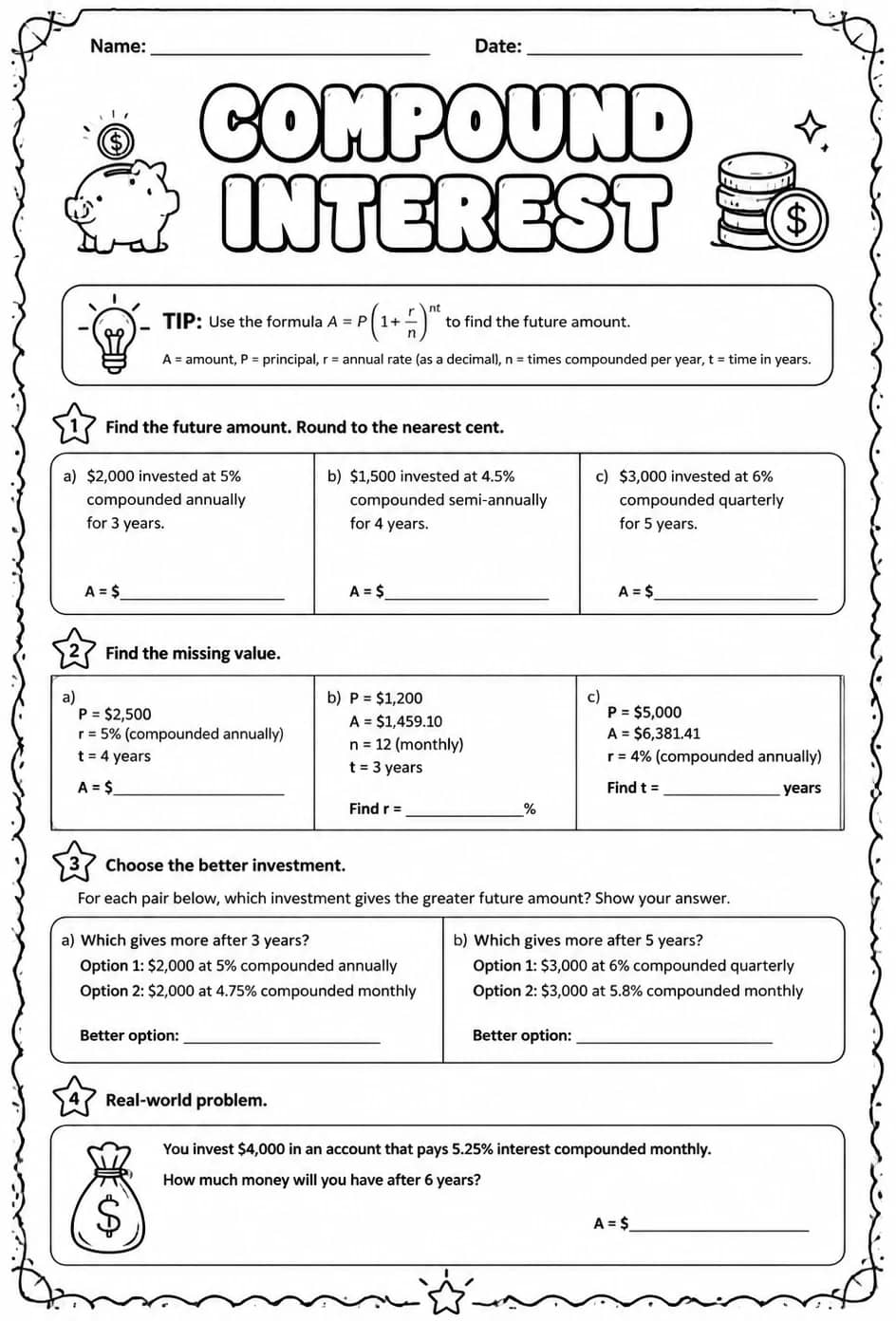 Compound interest — free printable Grade 8 math worksheet