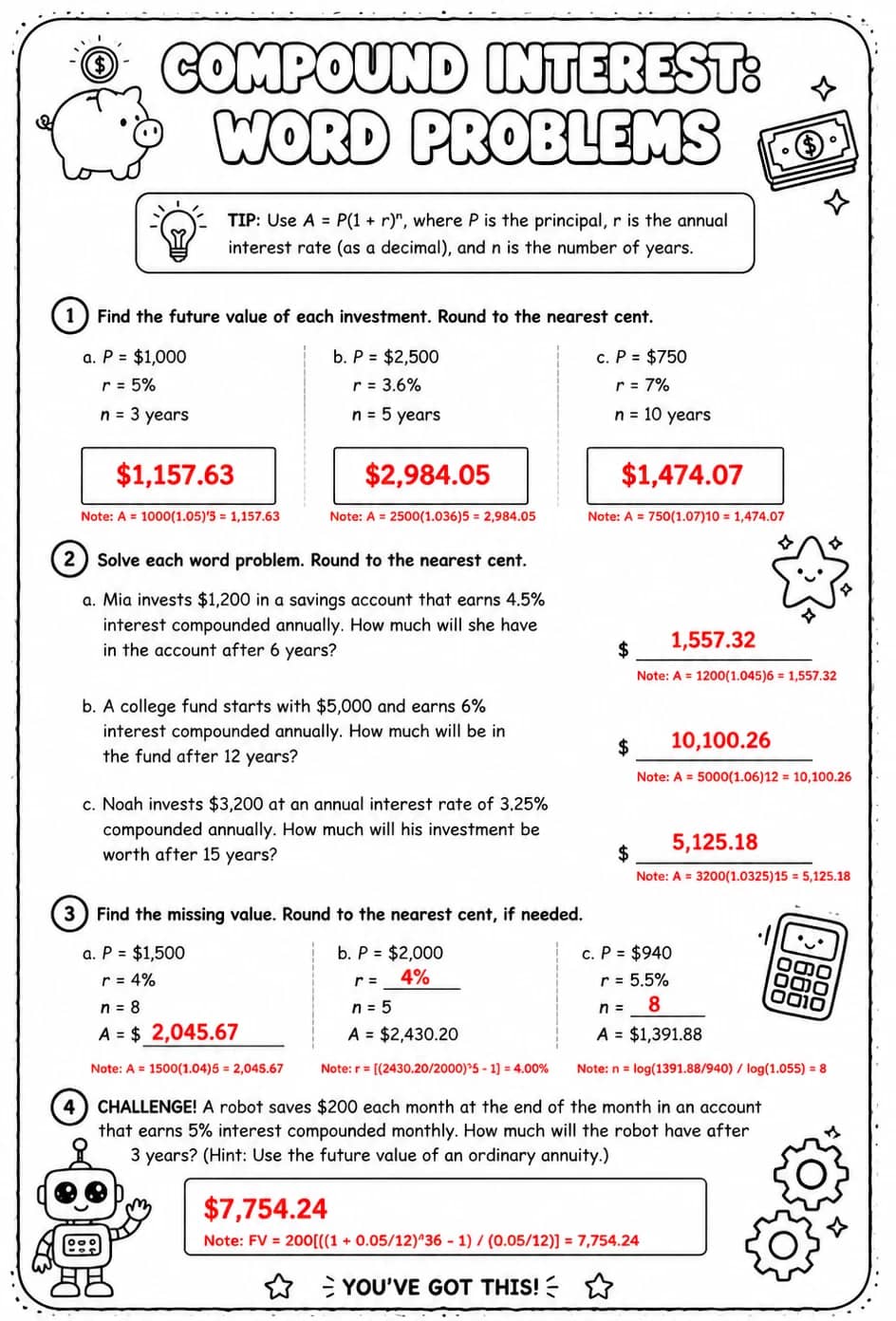 Answer key for Compound interest: word problems — free printable Math worksheet