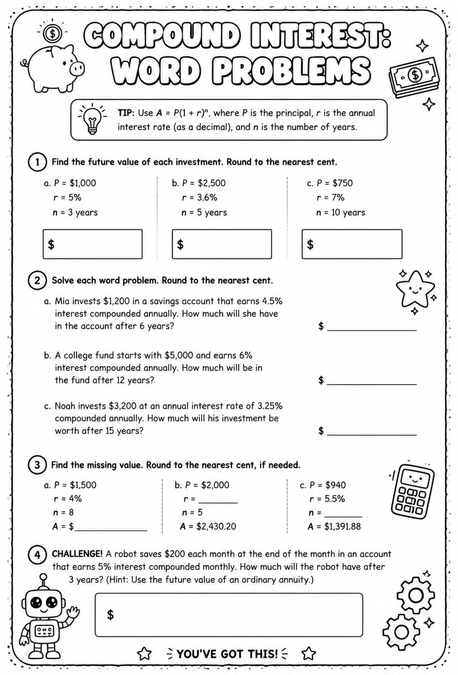 Compound interest: word problems — free printable Algebra 1 math worksheet