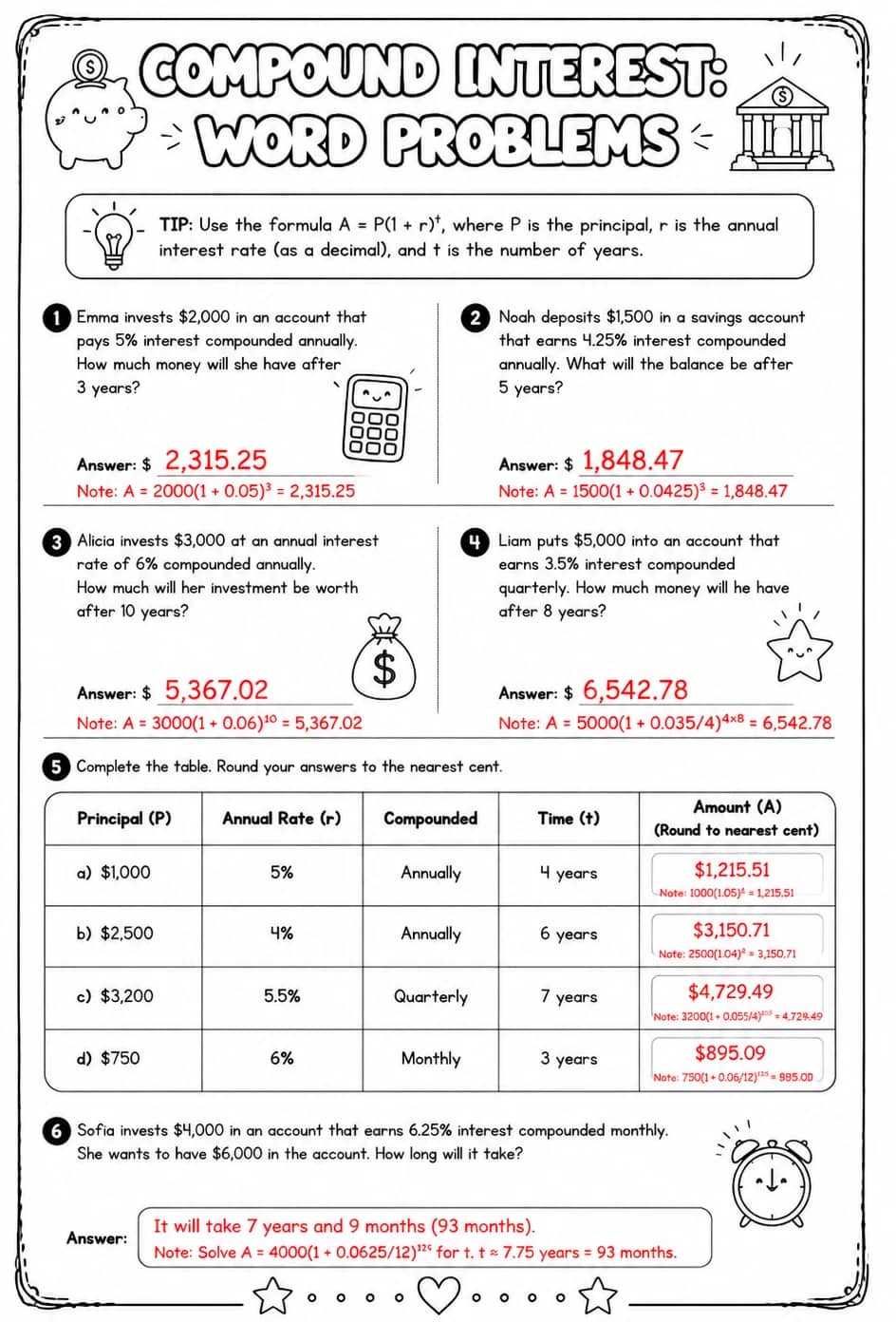 Answer key for Compound interest: word problems — free printable Math worksheet