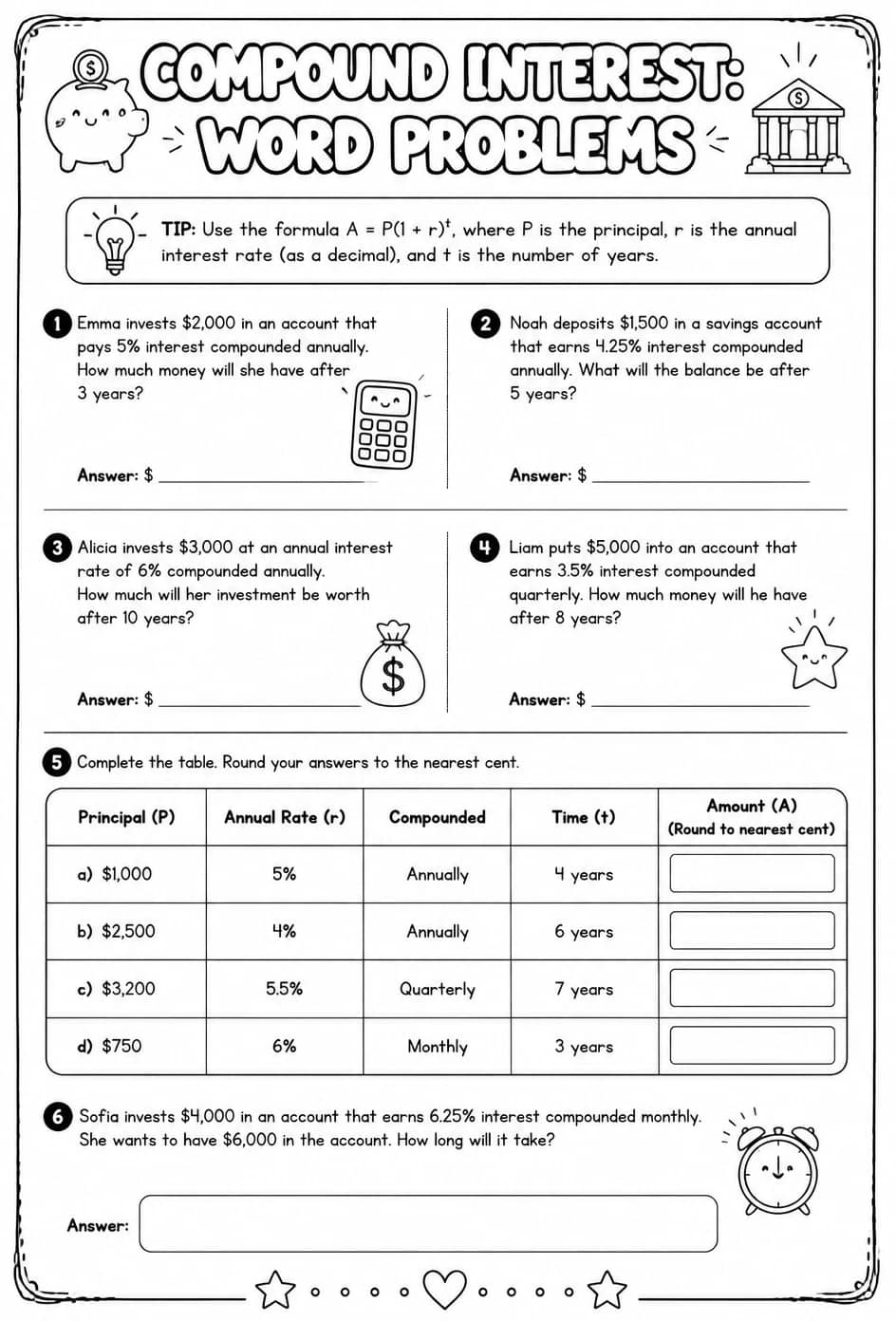 Compound interest: word problems — free printable Algebra 2 math worksheet