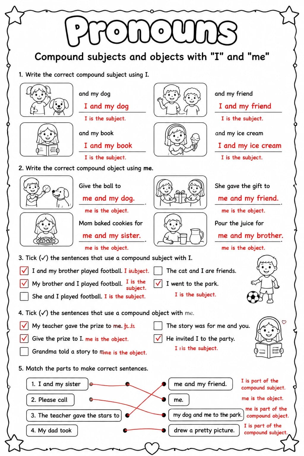 Answer key for Compound subjects and objects with "I" and "me" — free printable English & Reading worksheet