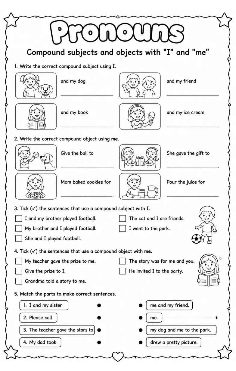 Compound subjects and objects with "I" and "me" — free printable Grade 2 English & Reading worksheet