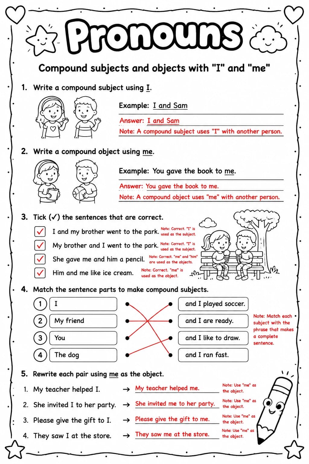 Answer key for Compound subjects and objects with "I" and "me" — free printable English & Reading worksheet
