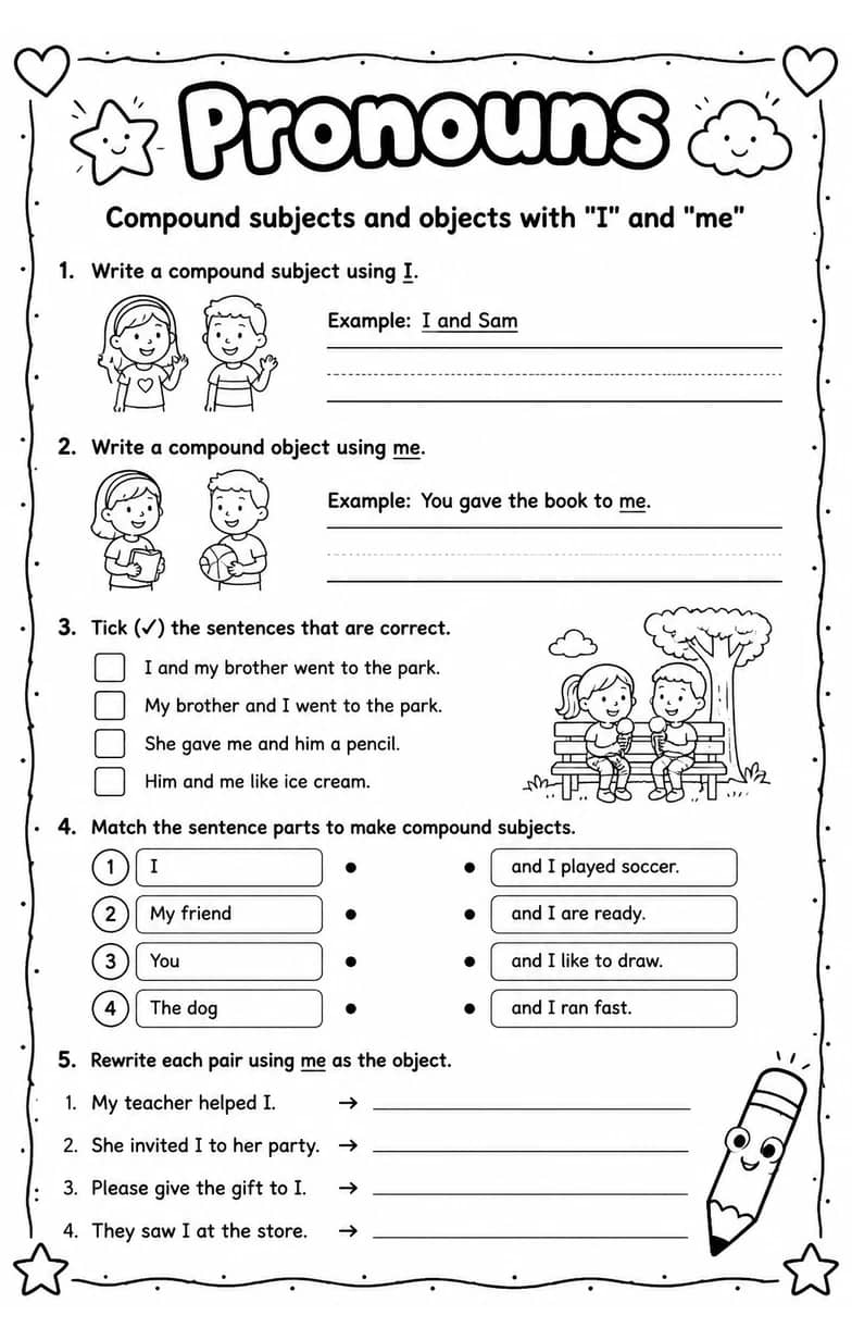 Compound subjects and objects with "I" and "me" — free printable Grammar and mechanics English worksheet