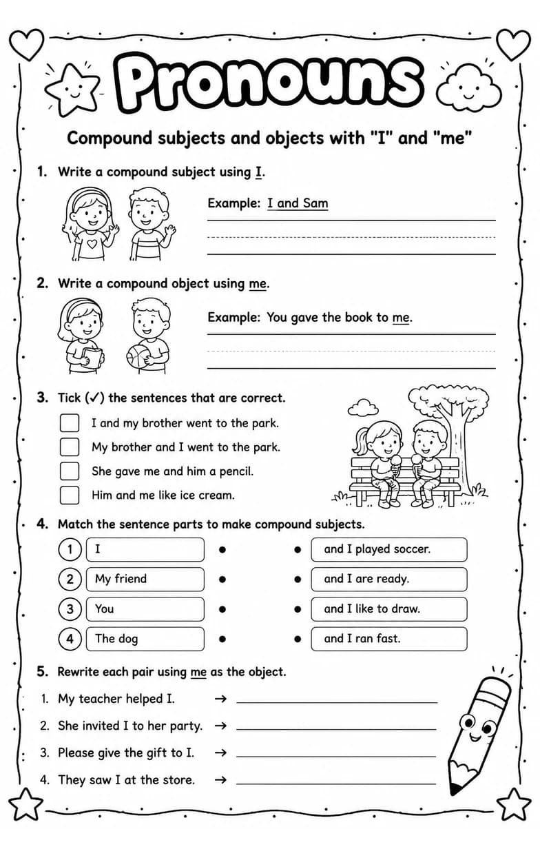 Compound subjects and objects with "I" and "me" — free printable Grammar and mechanics English worksheet